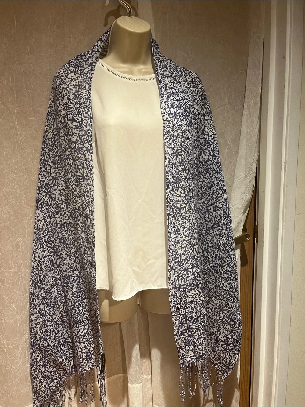 Lands' End Navy and White Floral-Print Scarf with Fringe